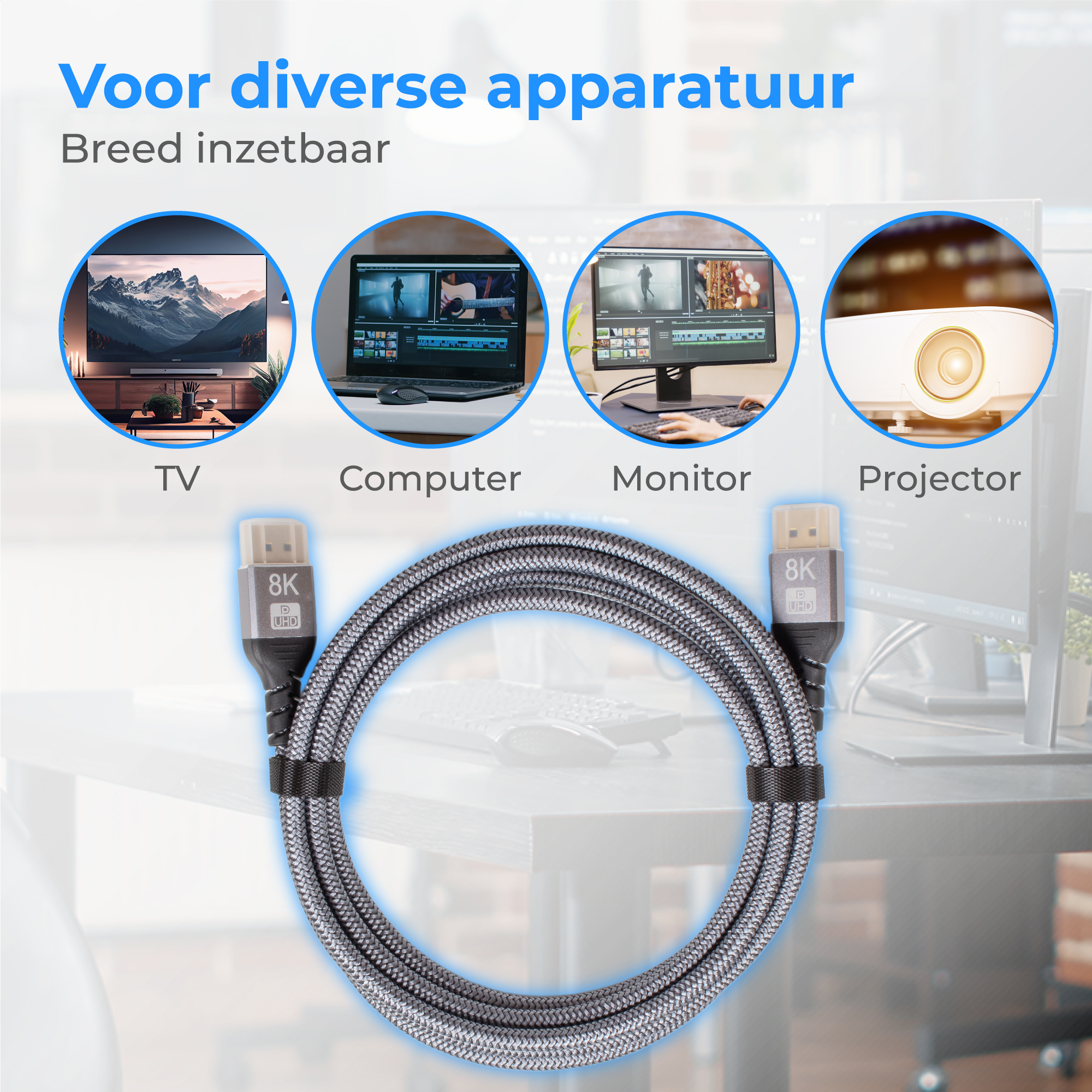 Een 8K UHD kabel ligt voor een collage van TV, computer, monitor en projector.