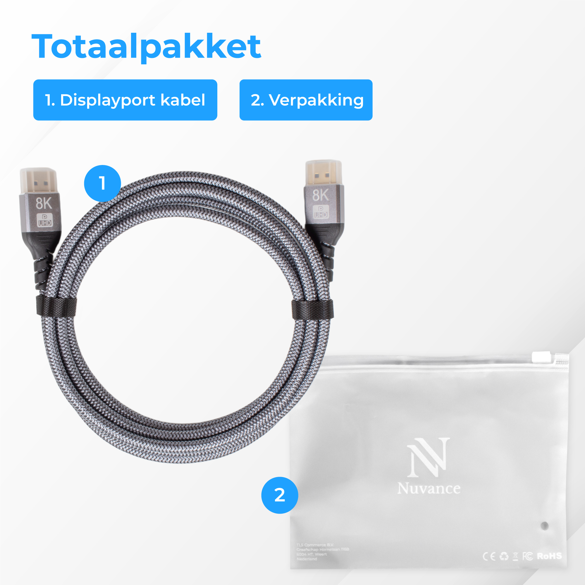 Een grijze 8K Displayport kabel en Nuvance verpakking.