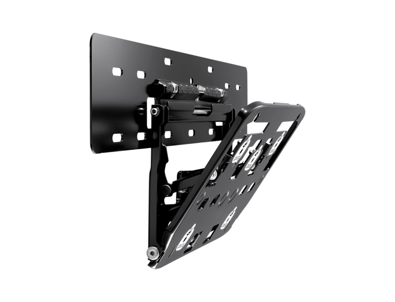 Schwarze TV-Wandhalterung mit ausklappbarer Platte vor weißem Hintergrund.