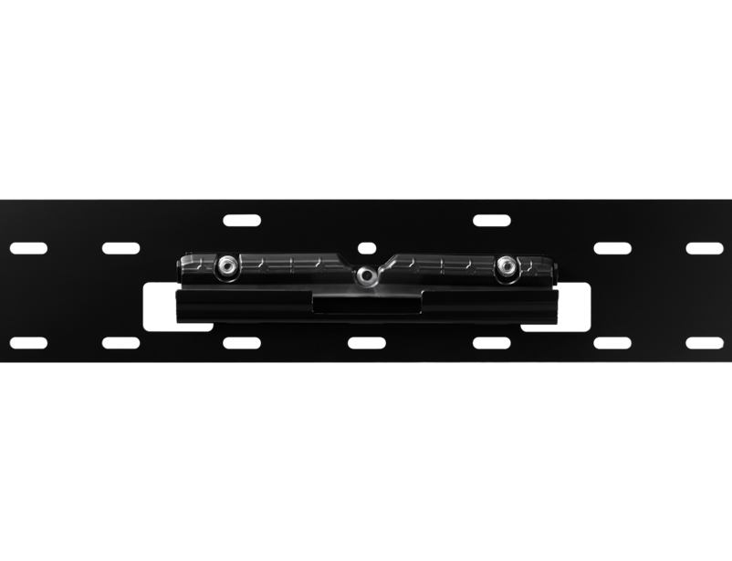 Schwarze Wandhalterung mit Schienen und Schrauben.