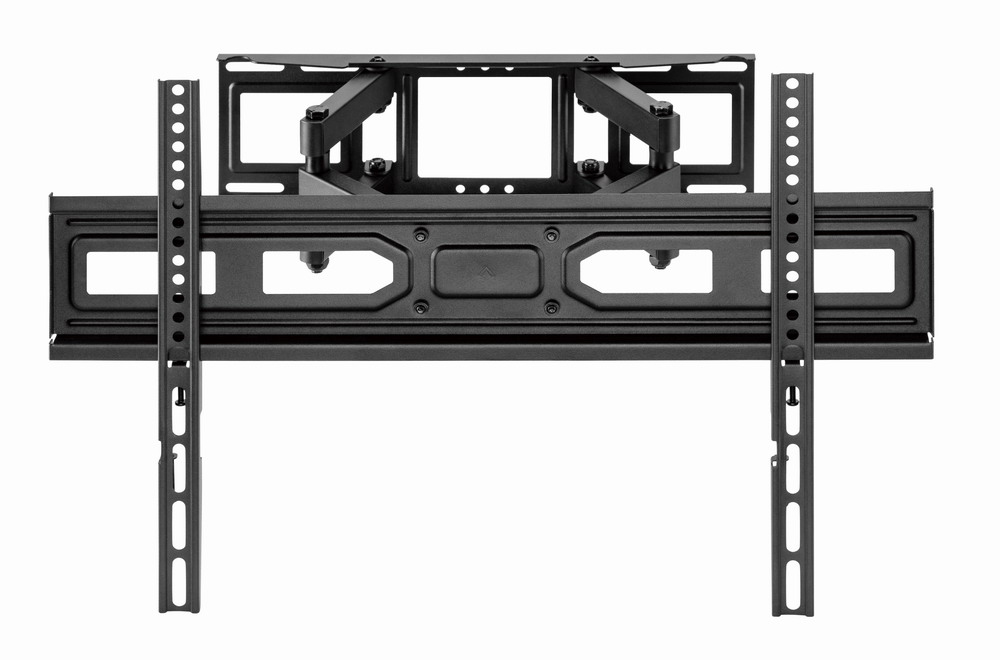 Black TV wall mount with adjustable arms and rails.