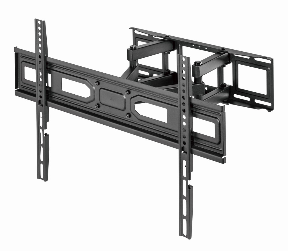 Black swivel wall mount for flat-screen TVs with adjustable arms.