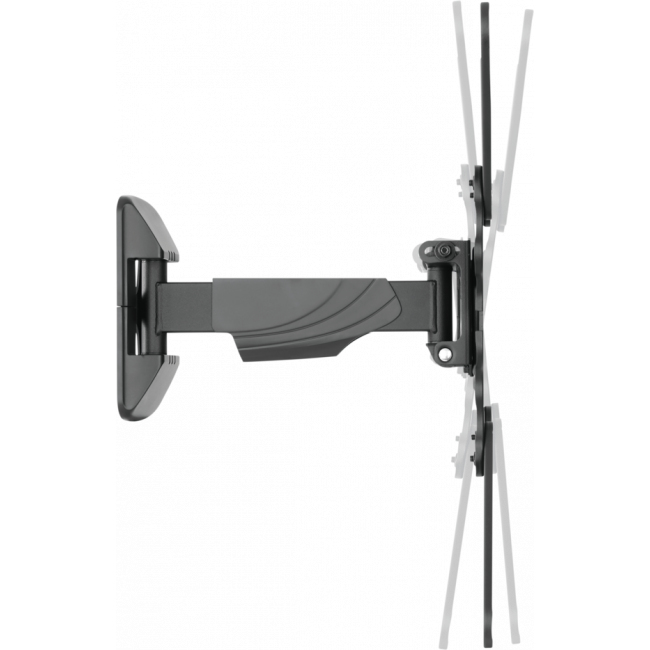 Ein schwarzer, schwenkbarer Wandhalter für Fernseher, der an einer weißen Wand befestigt ist.
