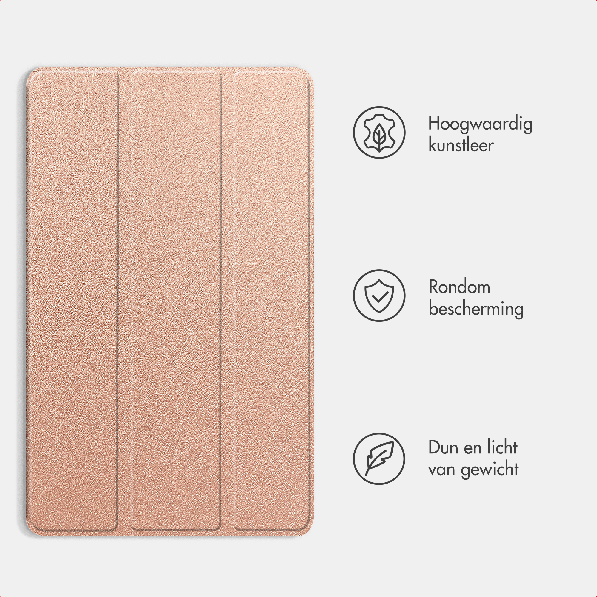 Étui pour tablette or rose à trois segments pliables avec icônes cuir, protection, légèreté.