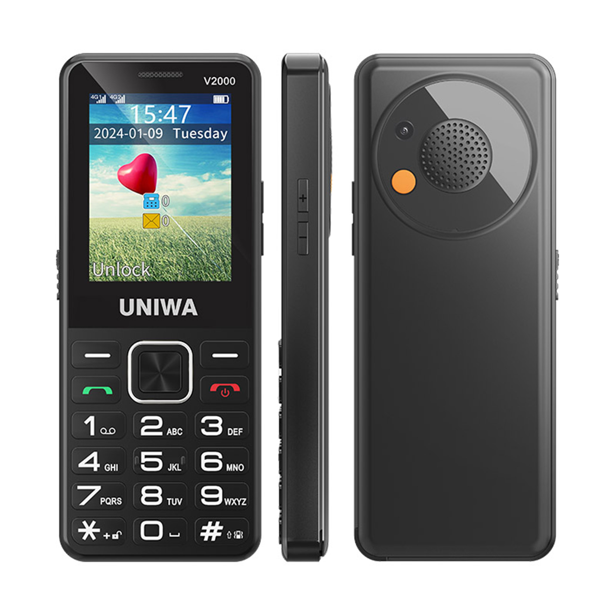 Un telefono cellulare nero Uniwa V2000 mostrato fronte, lato e retro.