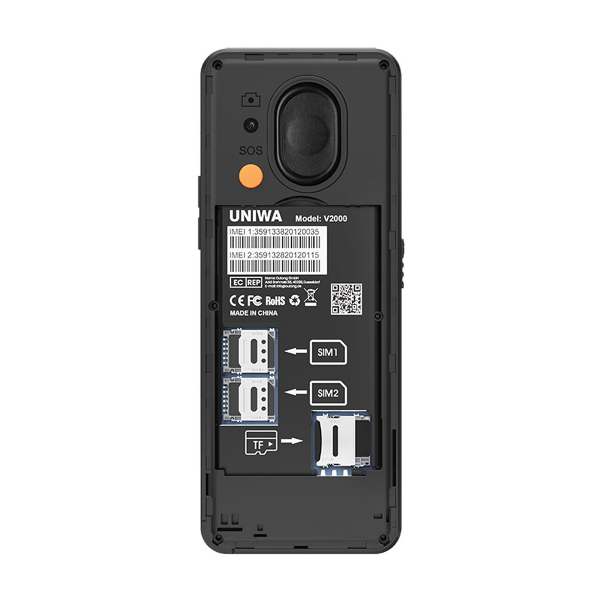 Retro di un telefono UNIWA V2000 nero che mostra slot per schede SIM e TF.