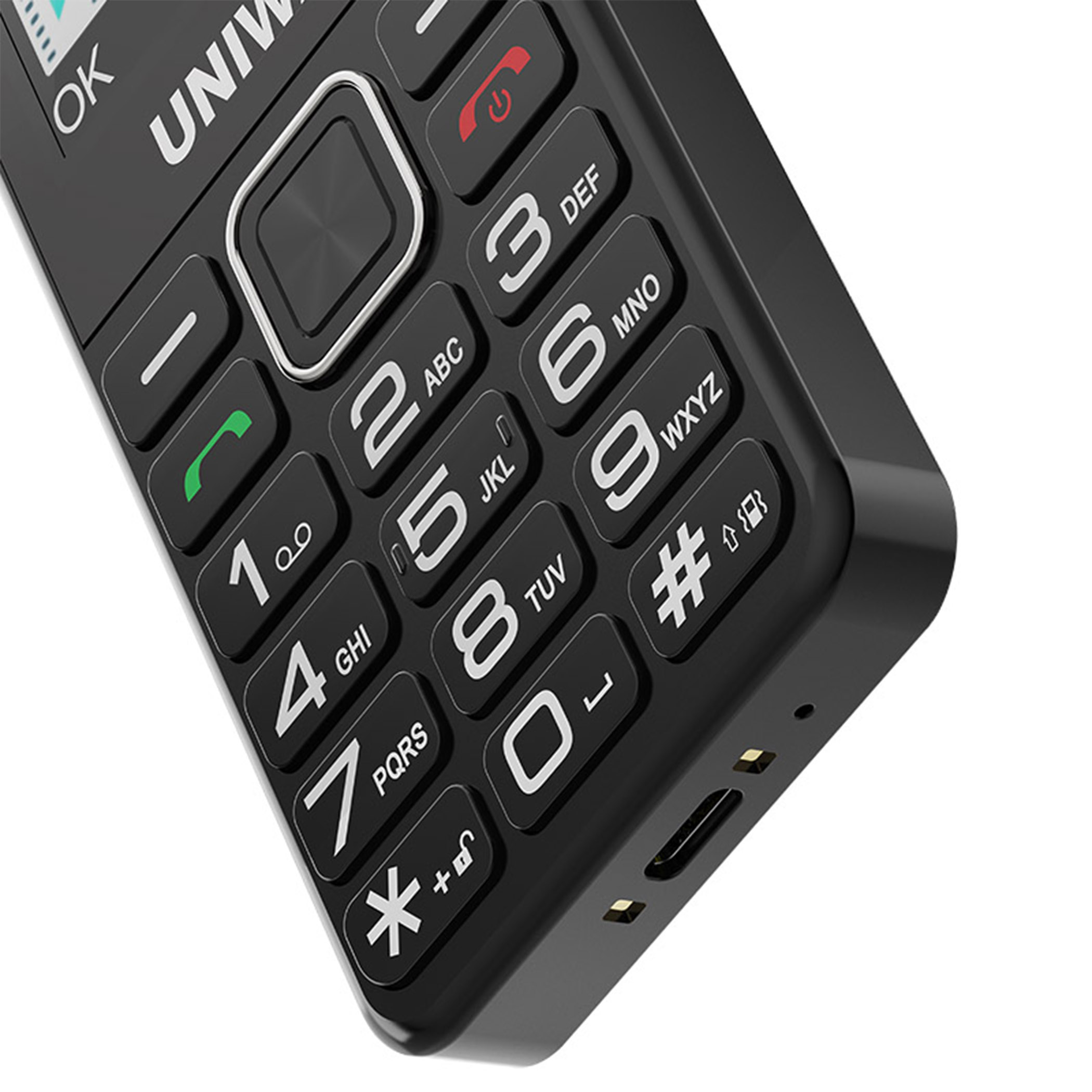 Primo piano di una tastiera nera di un telefono con numeri e simboli.