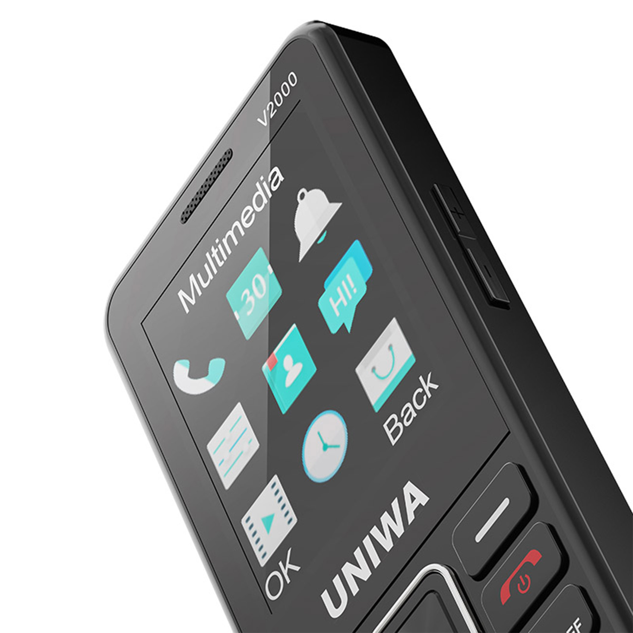 Primo piano di uno schermo di un telefono nero UNIWA V2000 con icone per multimedia, chiamate e messaggi.