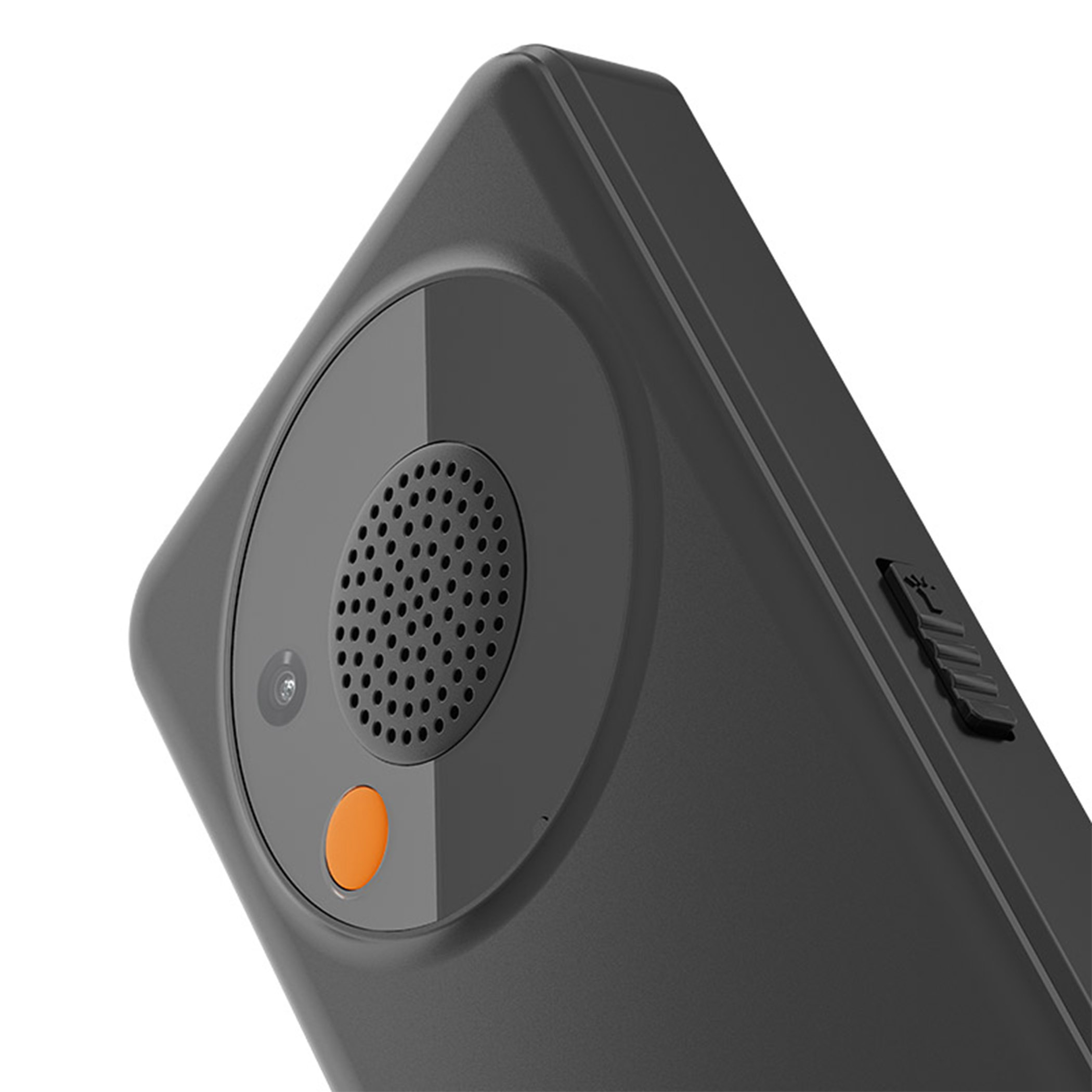 Dispositivo grigio scuro con altoparlante, fotocamera e pulsante arancione.