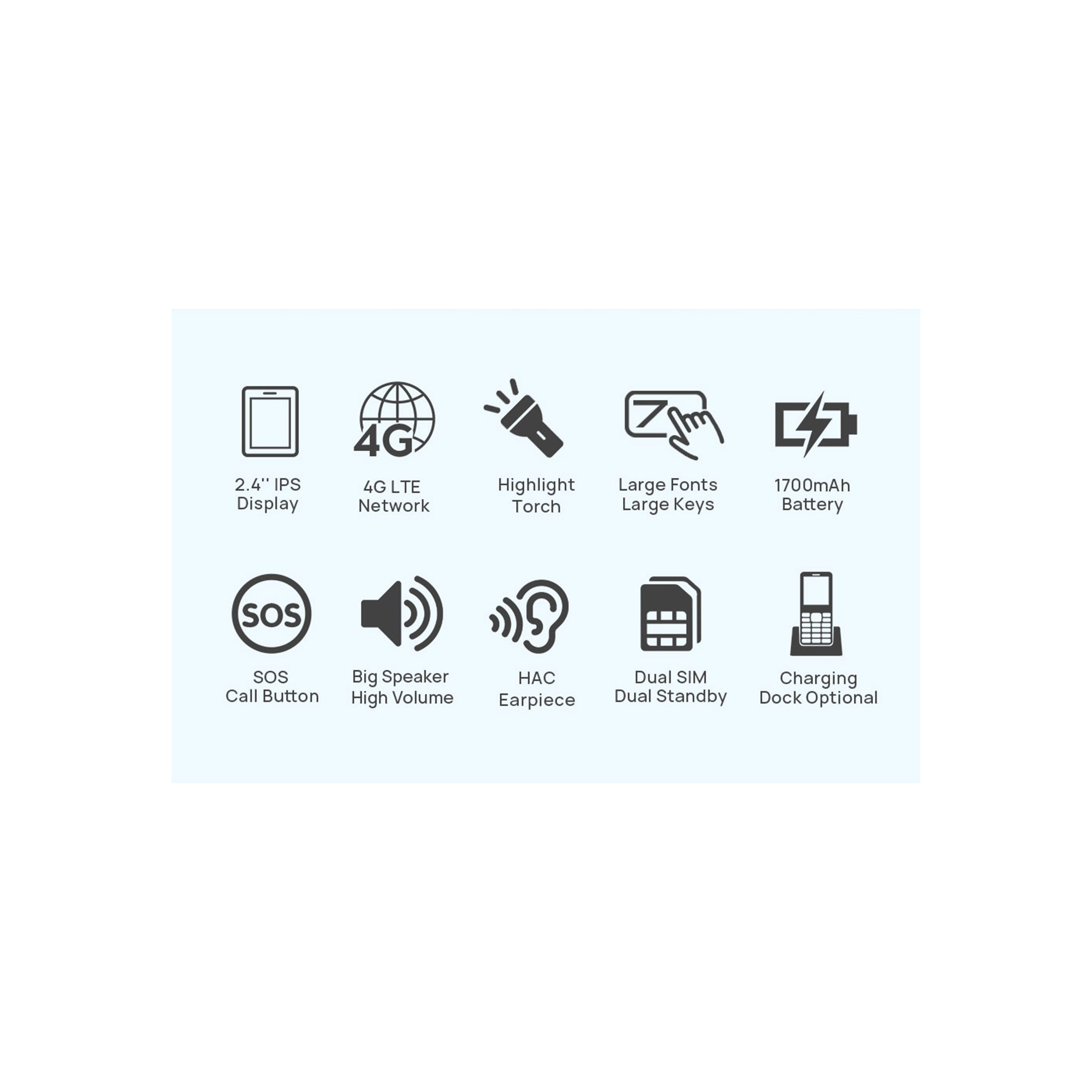 Icone: Display IPS 2,4", 4G LTE, Torcia, Tasti Grandi, Batteria, SOS, Altoparlante, HAC, Dual SIM, Dock di Ricarica.