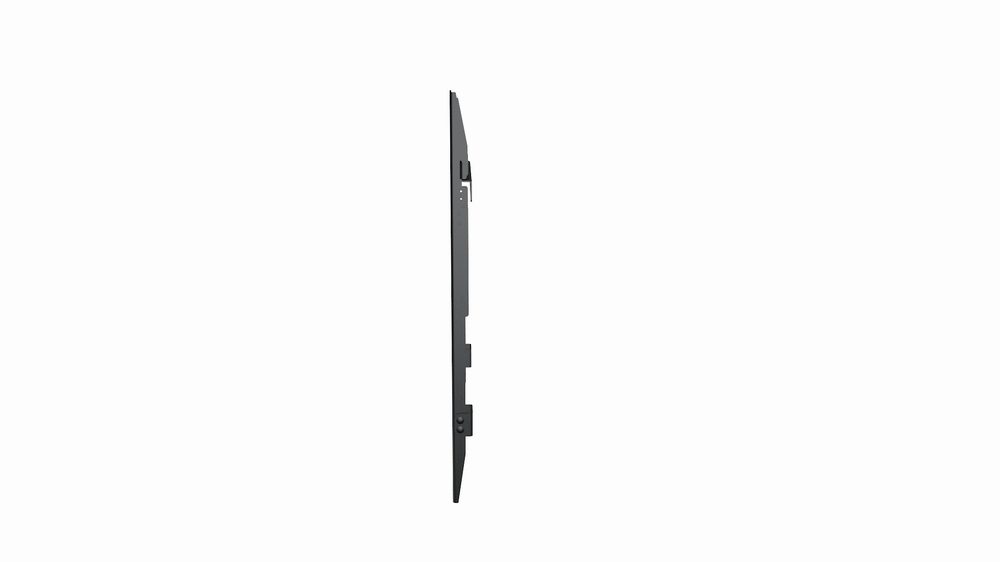 Vista laterale di una TV sottile a schermo piatto nera montata a parete.