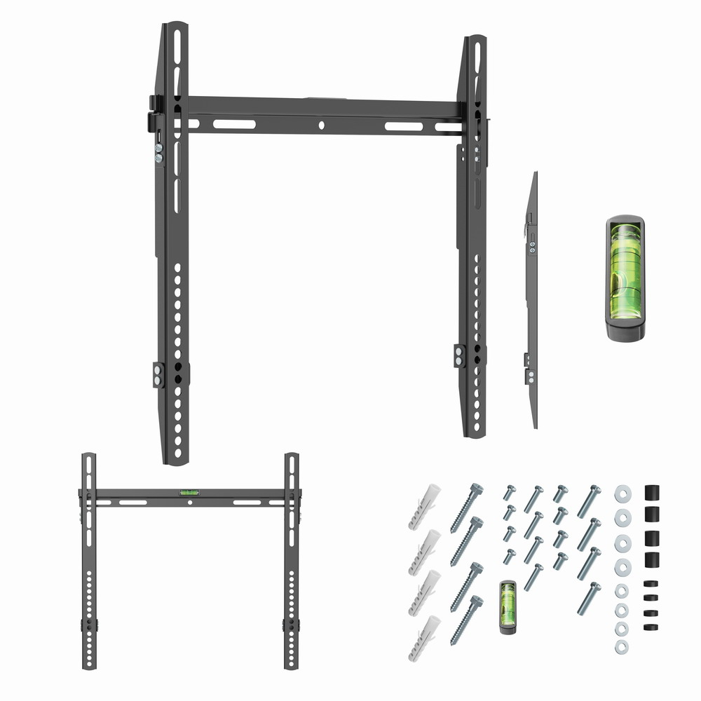 Un supporto da parete TV nero con accessori, inclusi livelle e viti.