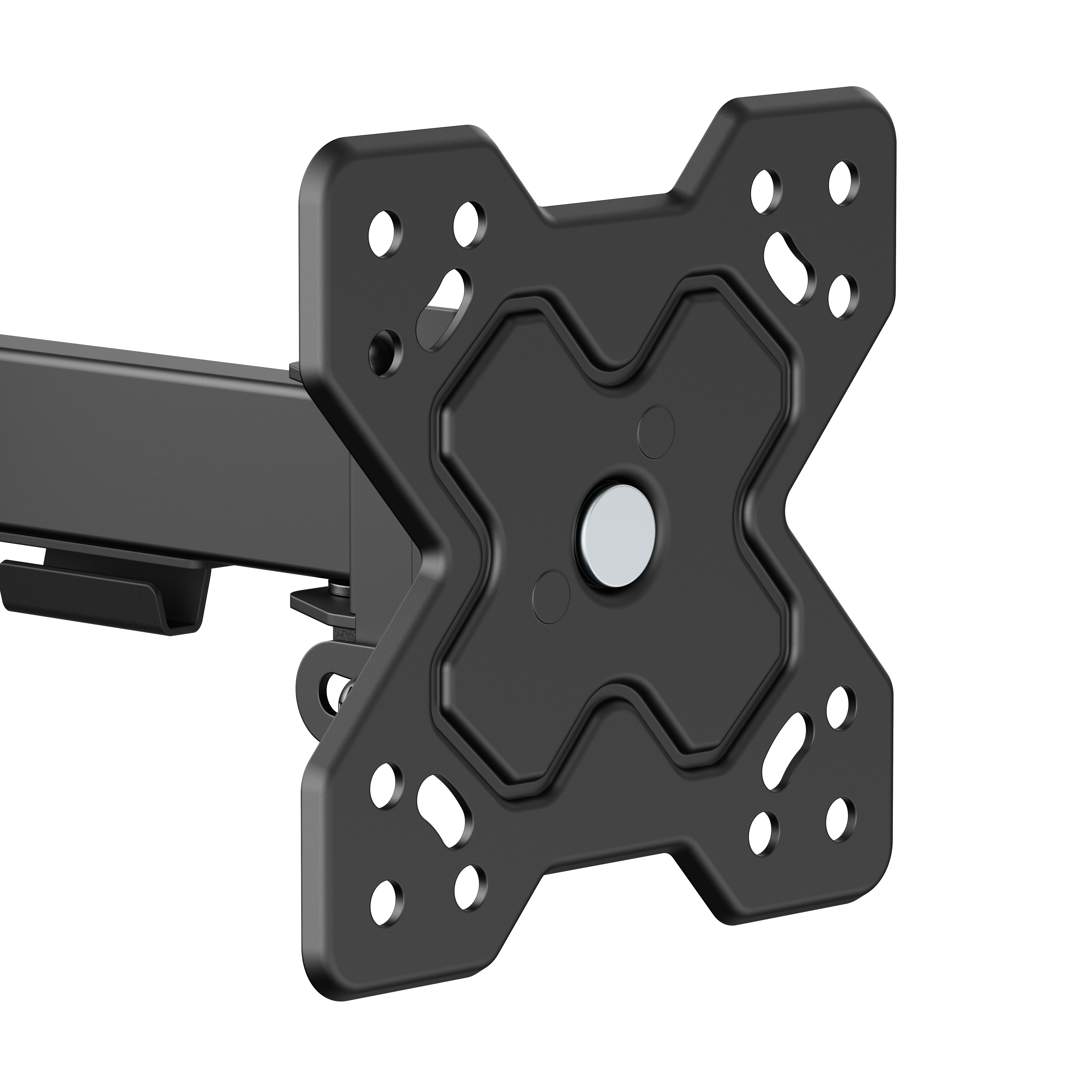 Schwarze TV-Wandhalterung mit VESA-Platte und Gelenkarm.