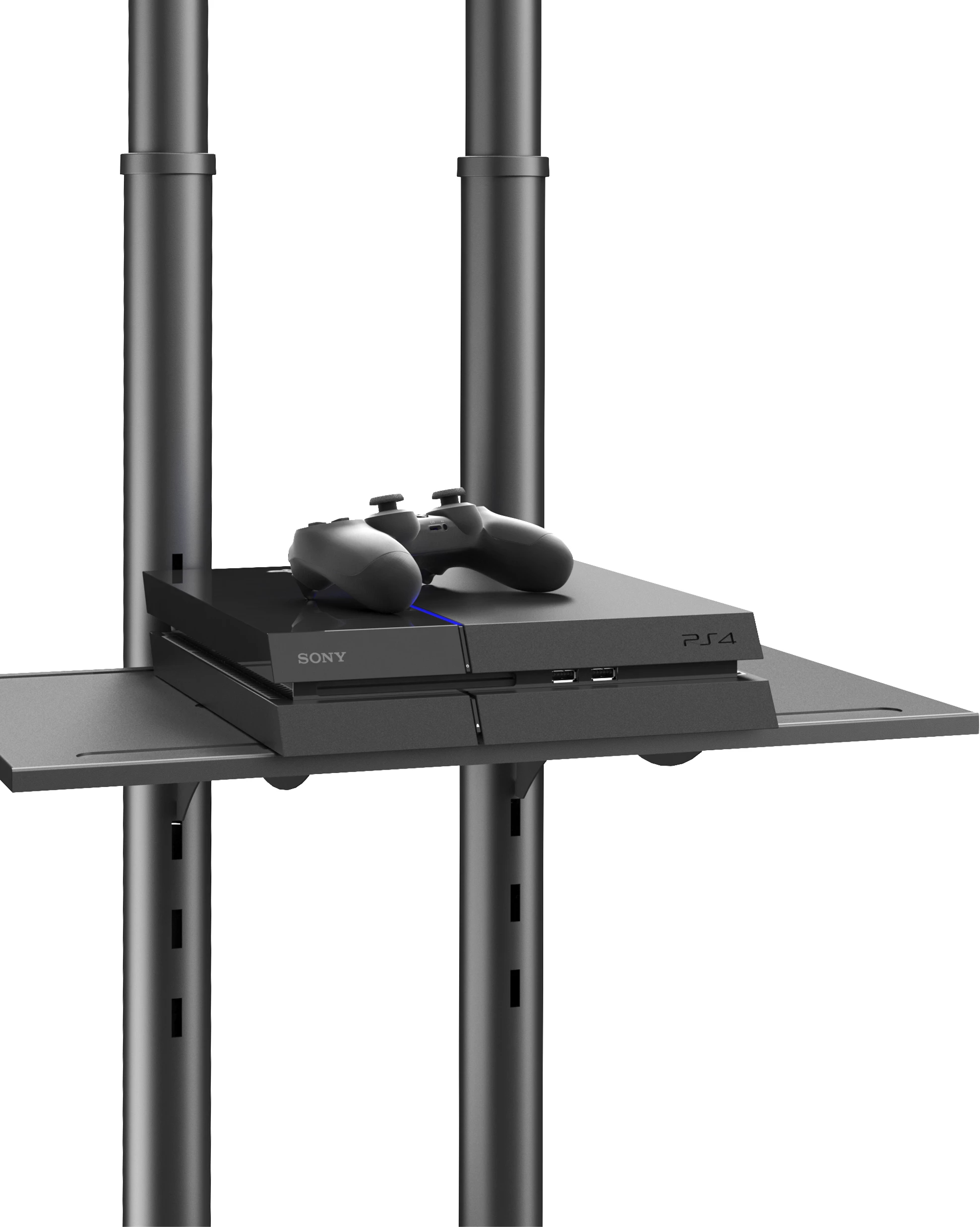 Una console PS4 e due controller su uno scaffale attaccato a due pali.