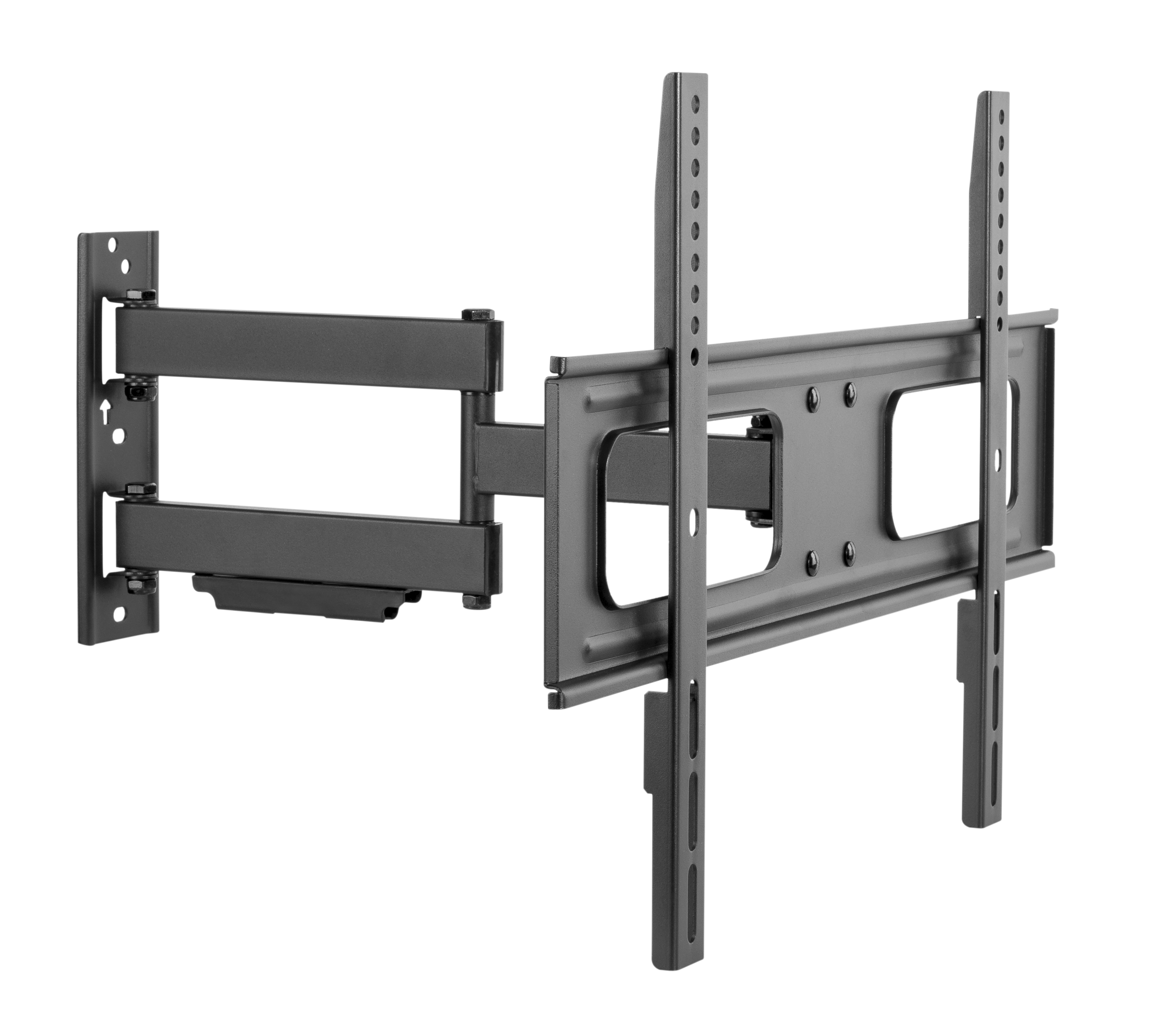 Un soporte de pared negro articulado para TV con brazo extensible, mostrado sobre fondo blanco.