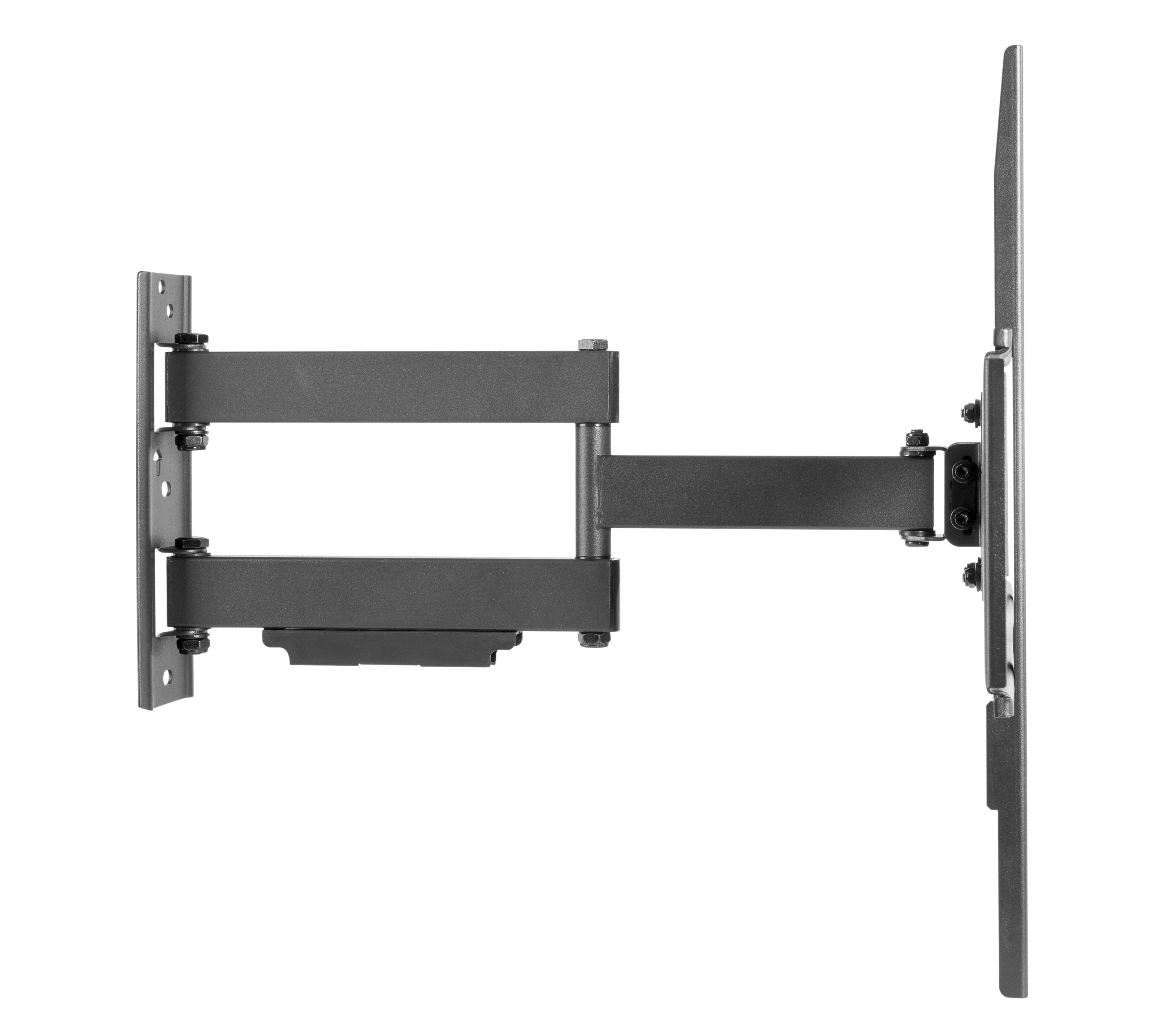 Un soporte de pared negro extensible para TV con brazo articulado.