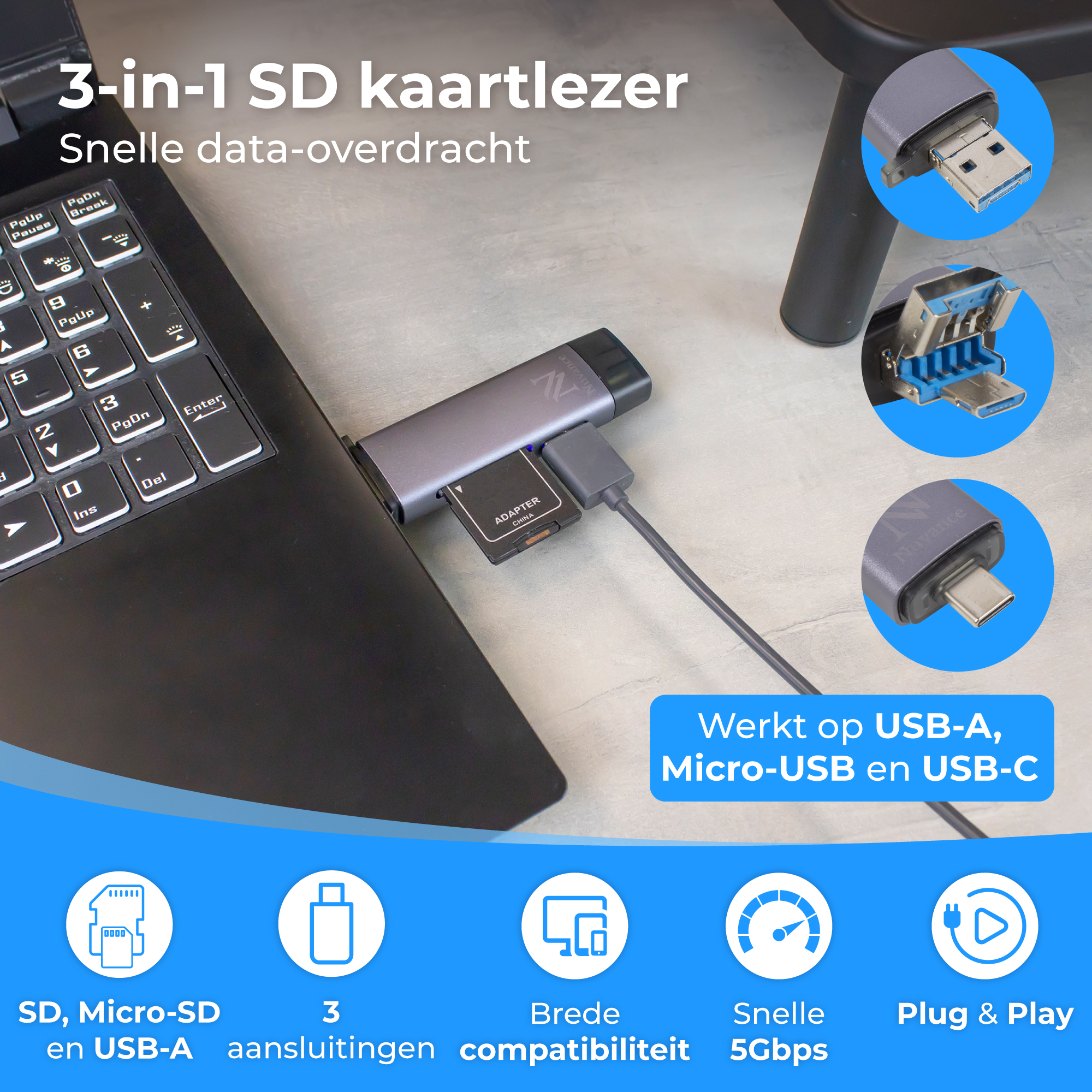 Een 3-in-1 SD-kaartlezer is aangesloten op een laptop, met USB-A, Micro-USB en USB-C aansluitingen.