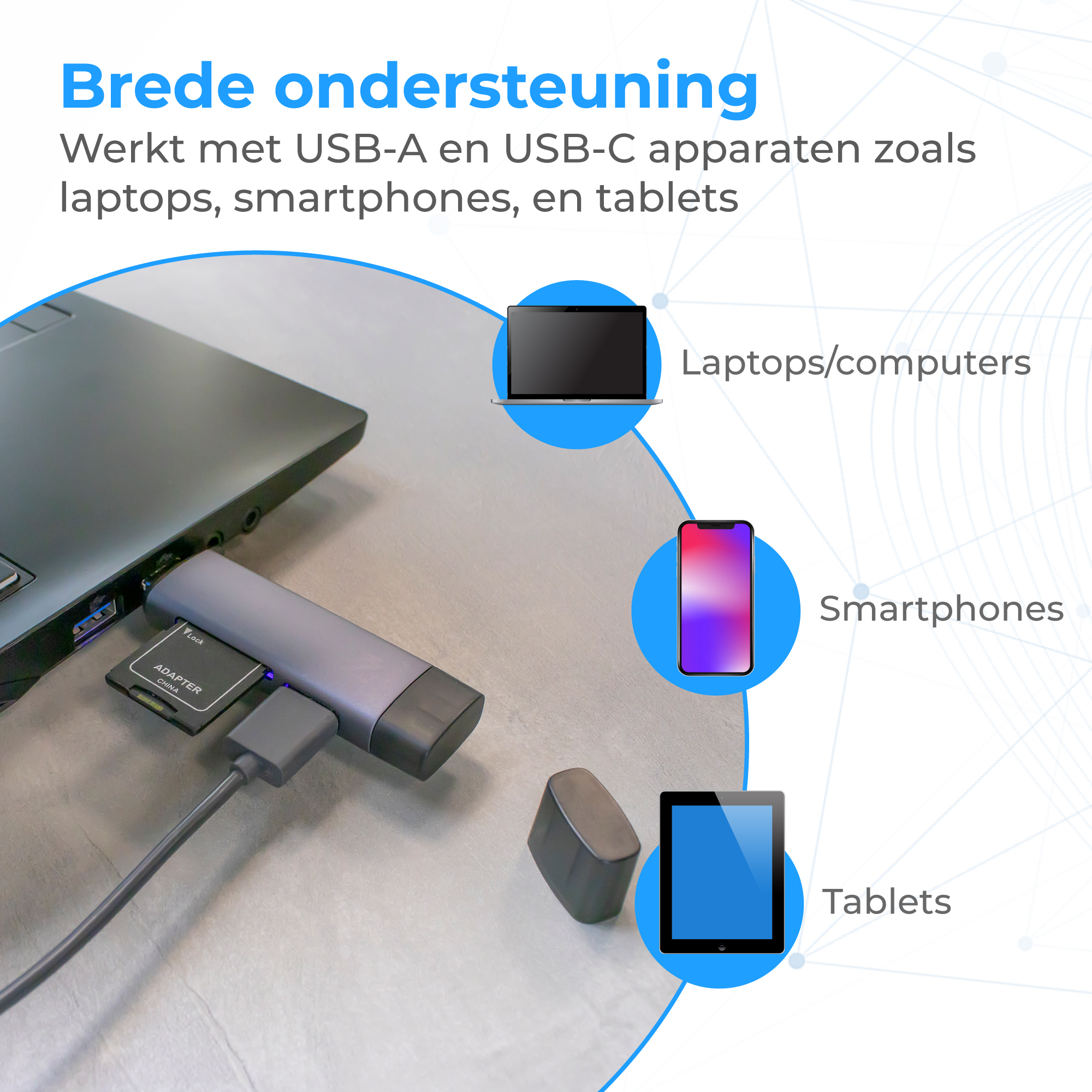 Een USB-C hub aangesloten op een laptop, met iconen van laptops, smartphones en tablets.