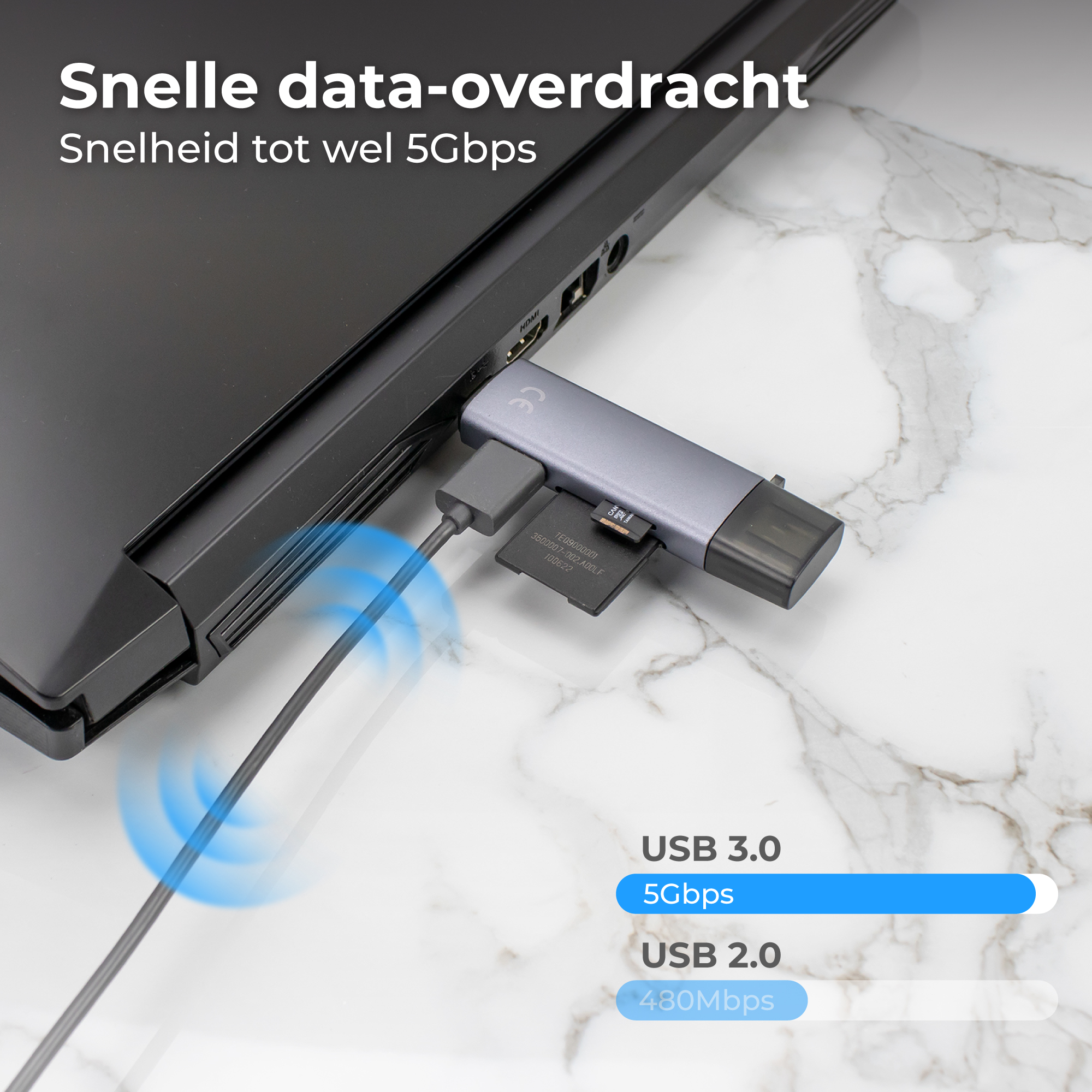 Een USB-C hub met SD-kaart is aangesloten op een laptop. Gegevensoverdrachtssnelheden worden weergegeven.