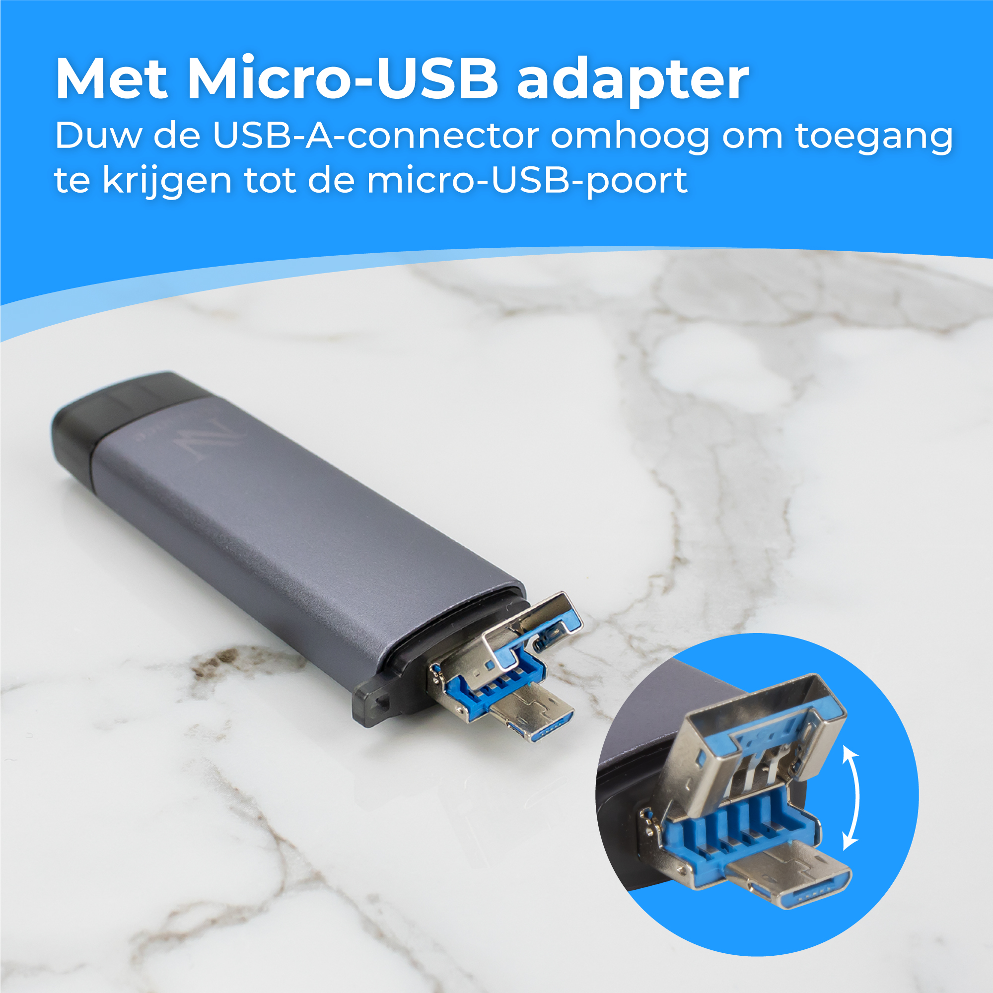 Grijze USB-adapter met uitklapbare Micro-USB-connector op marmeren ondergrond.