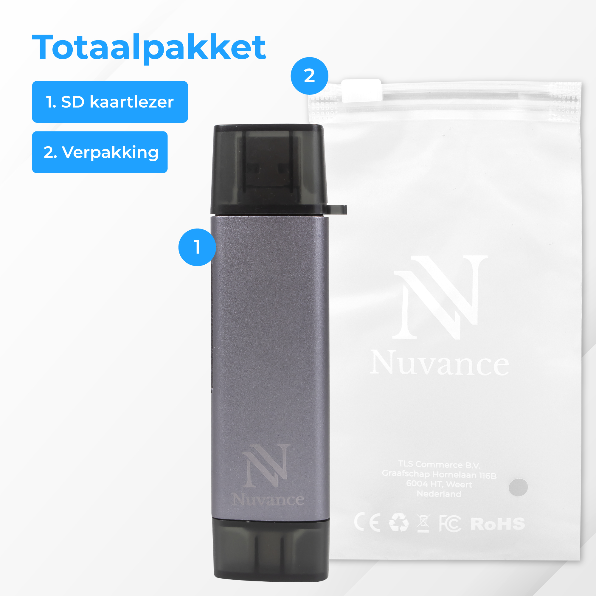 Grijze USB-apparaat met zwarte dop naast doorzichtige verpakking.