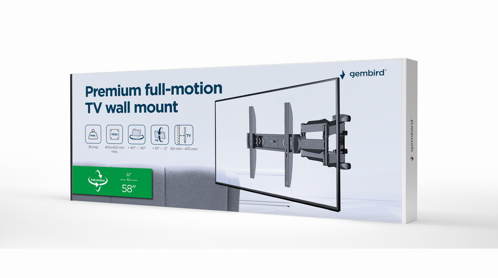 Gembird full-motion TV wall mount box with specifications and TV image.