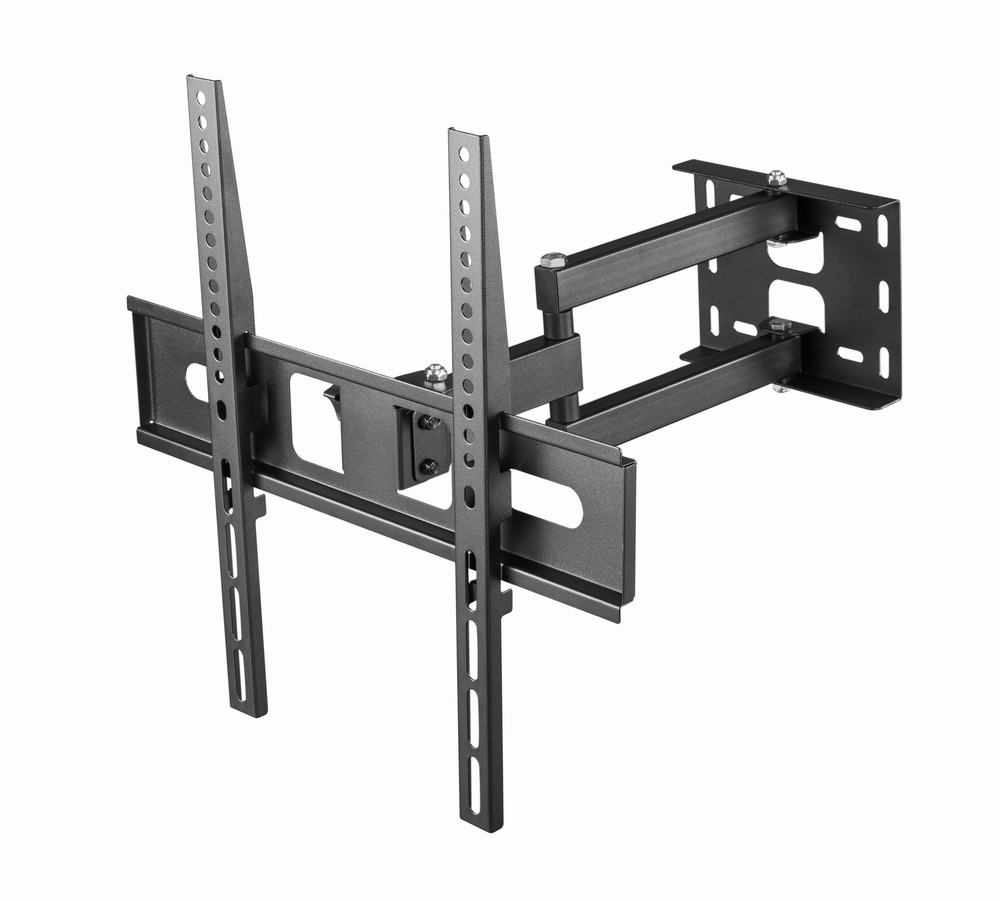 Black adjustable flat screen TV wall mount with an articulating arm.