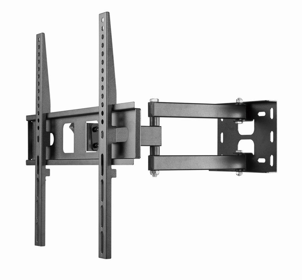 A black, articulated, dual-arm TV wall mount.
