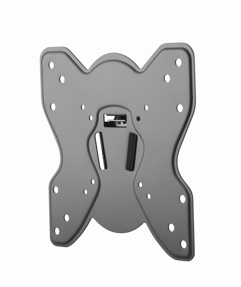 Soporte de pared de metal gris para TV con múltiples orificios y clips de sujeción.