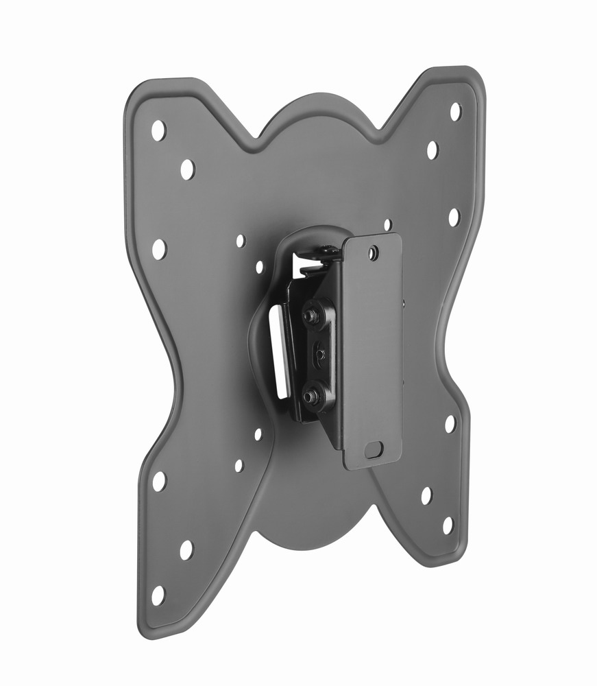 Un soporte de pared oscuro para TV con muchos agujeros para montar.