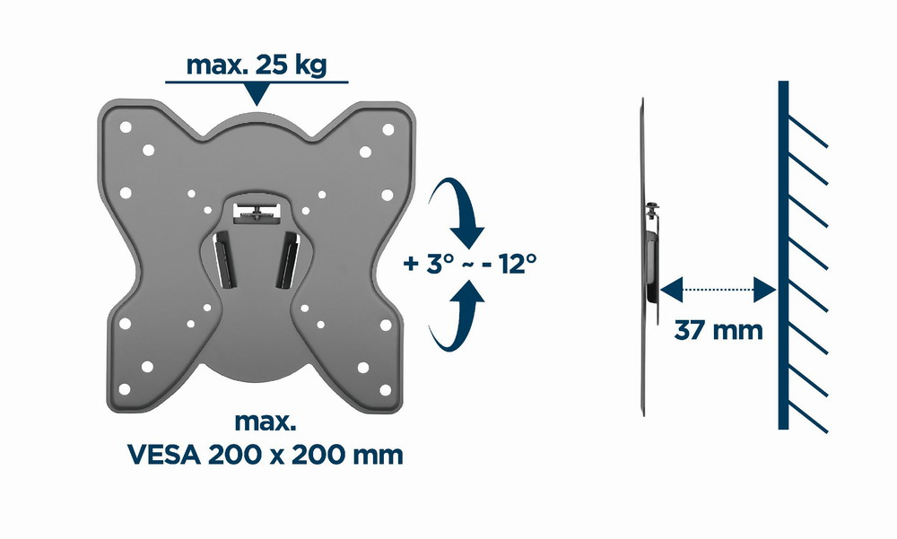 Soporte TV: máx 25kg, VESA 200x200, inclinación +/- 12°, 37mm pared.