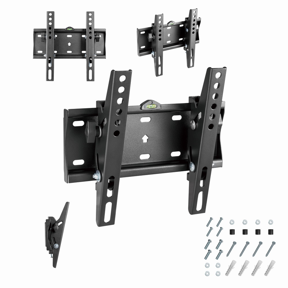 Several black TV wall mounts and mounting hardware on a white background.