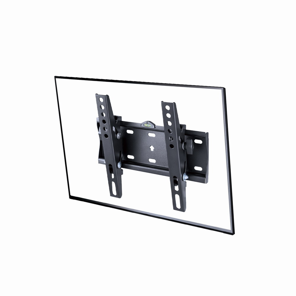 Black metal TV wall mount with spirit level, attached to a flat screen TV.