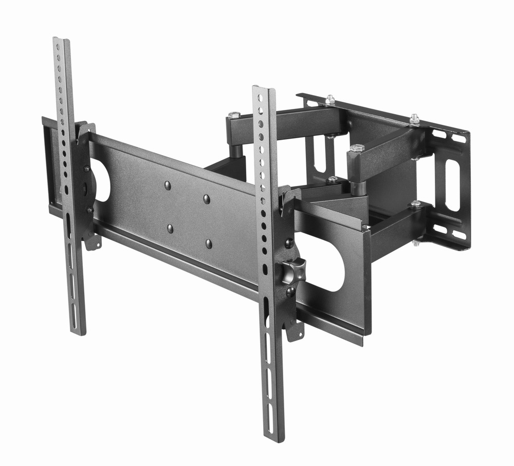 Black adjustable TV wall mount with pivoting arms and mounting holes.