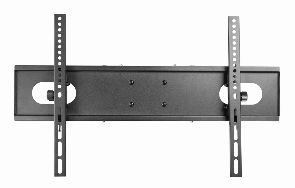 A black TV wall mount with adjustable arms and mounting holes.