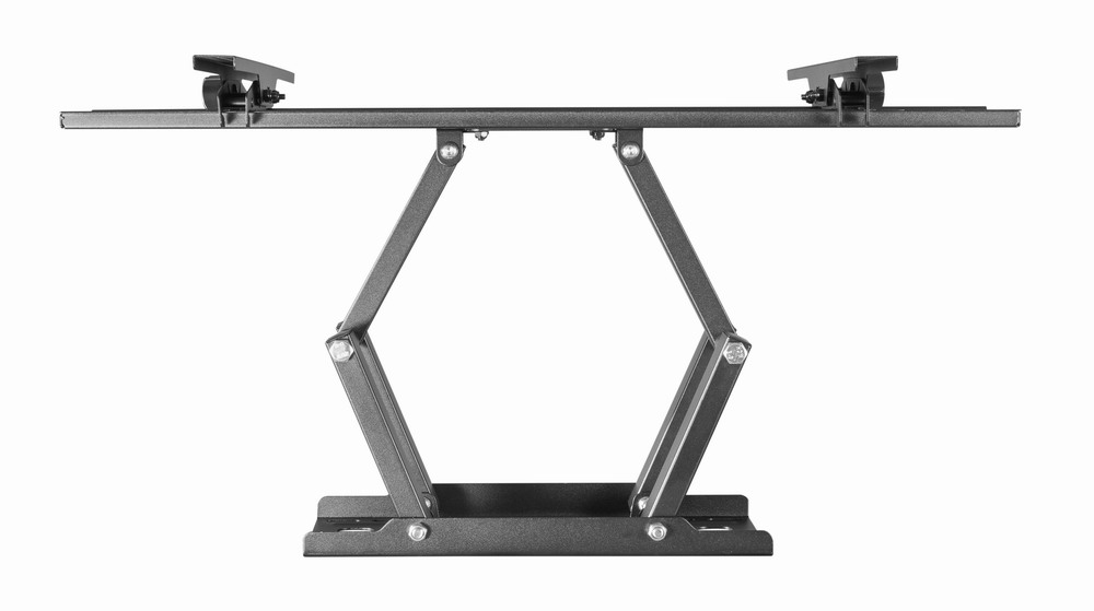 Gray, scissor-like metal arm with screws and brackets.