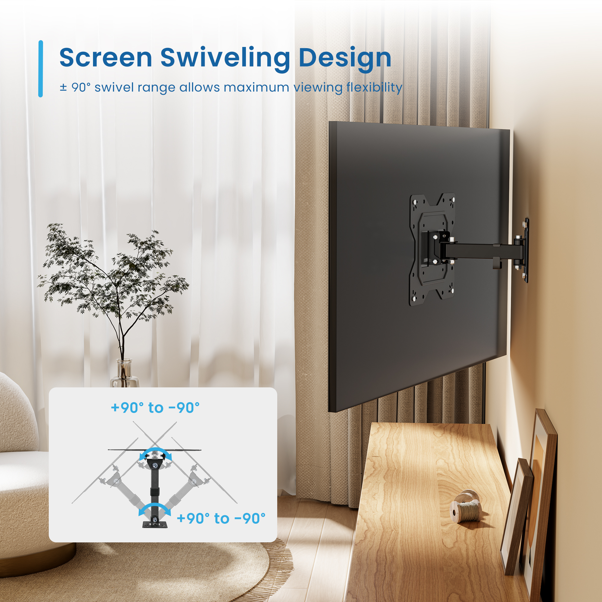 Televisor negro en un soporte de pared con brazo giratorio.