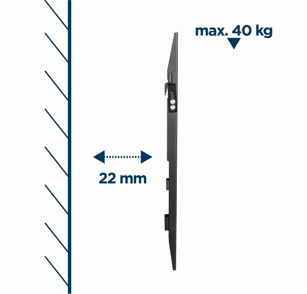 Supporto TV a schermo piatto, 22 mm dal muro, max 40 kg.