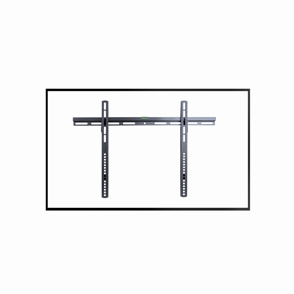Supporto da parete TV nero con due bracci verticali, montato su sfondo bianco.
