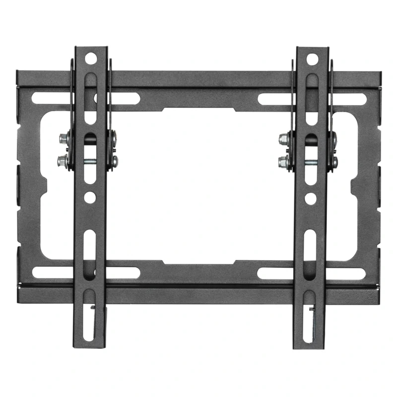 Soporte de pared para TV de metal negro con brazos ajustables y orificios de montaje.