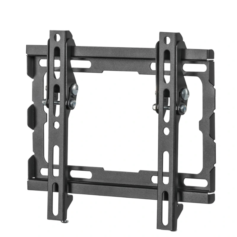 Un soporte de pared para TV de metal negro con brazos y tornillos ajustables.