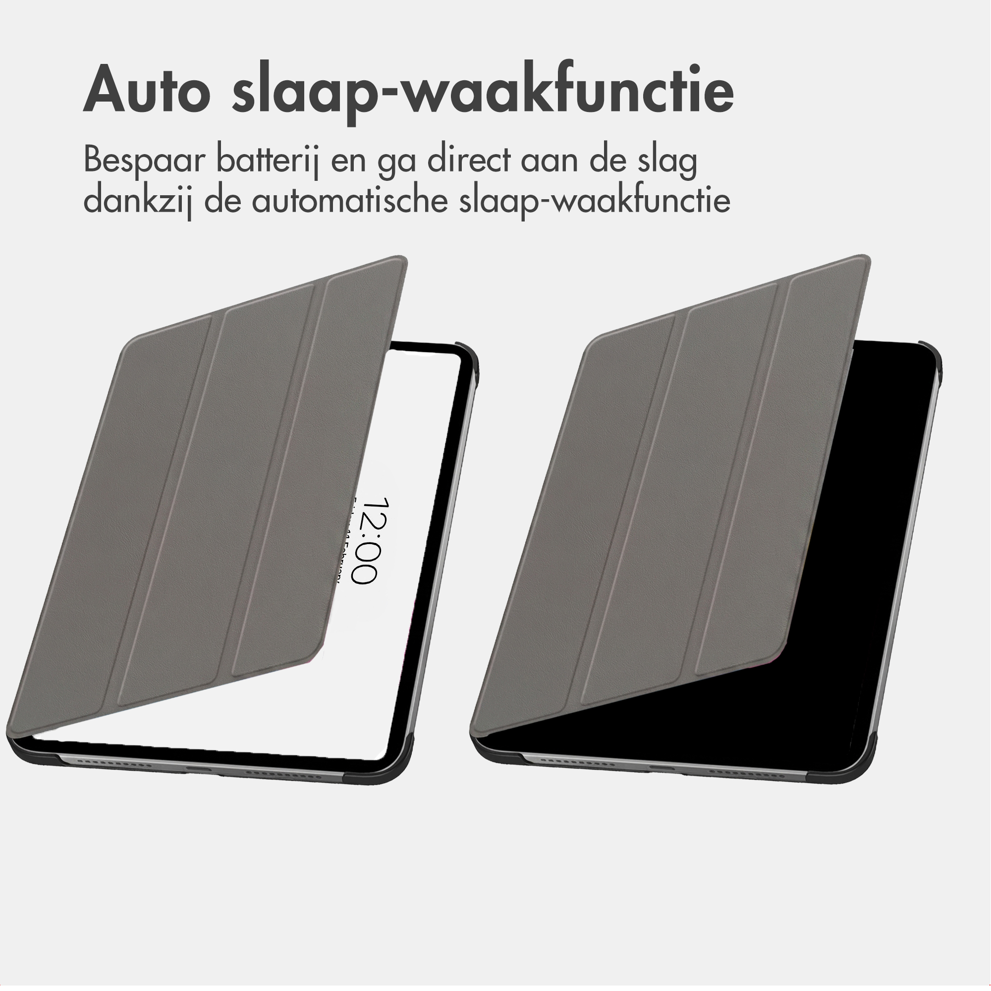 Étui gris pour tablette avec fonction veille/réveil automatique, affichant 12:00.