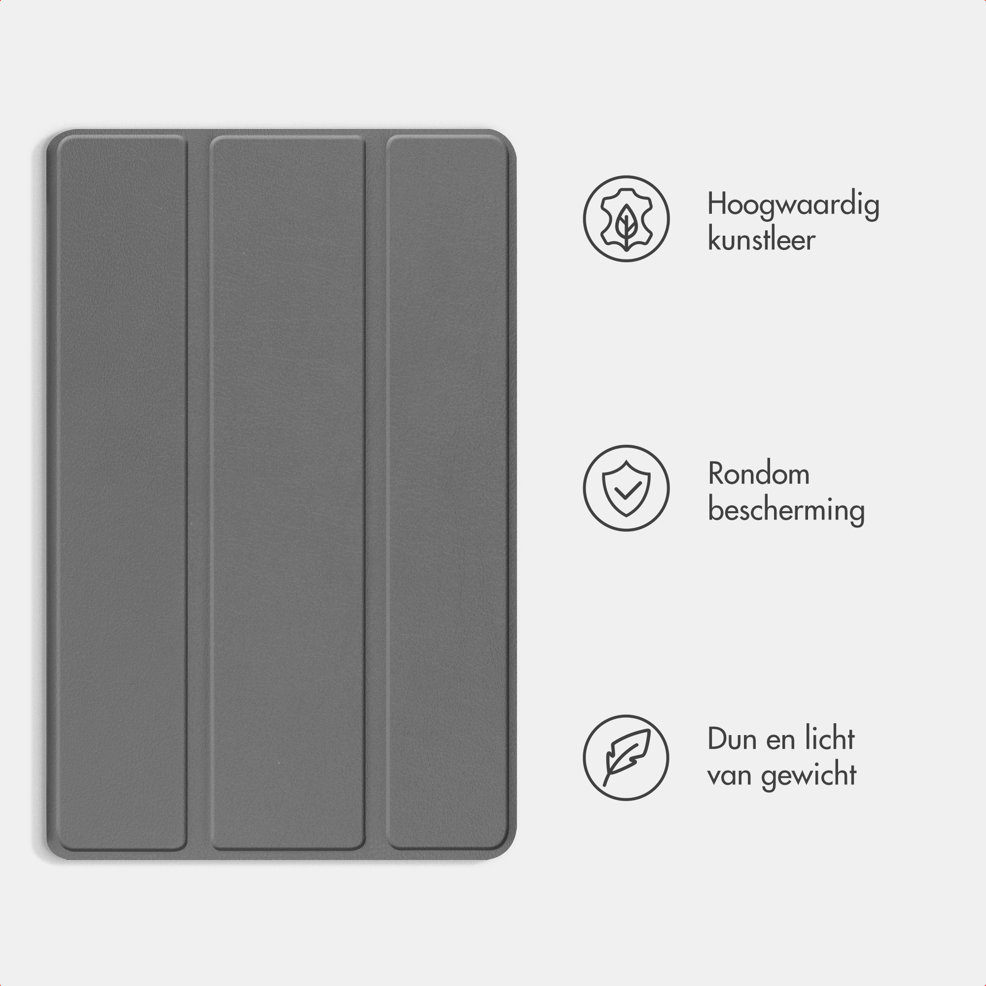 Étui gris pliable en trois avec icônes pour cuir, protection et légèreté.
