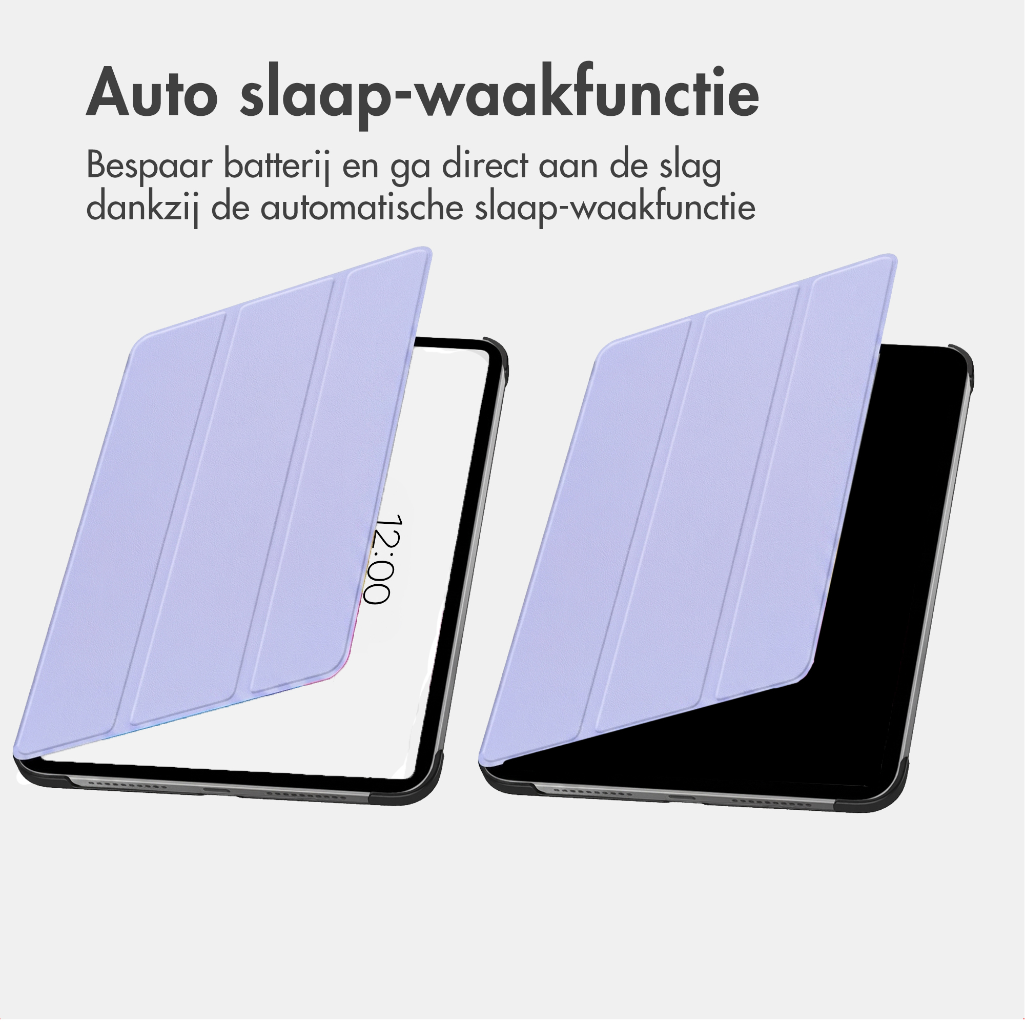 Une tablette violette claire avec sa housse de protection ouverte, affichant l'heure.