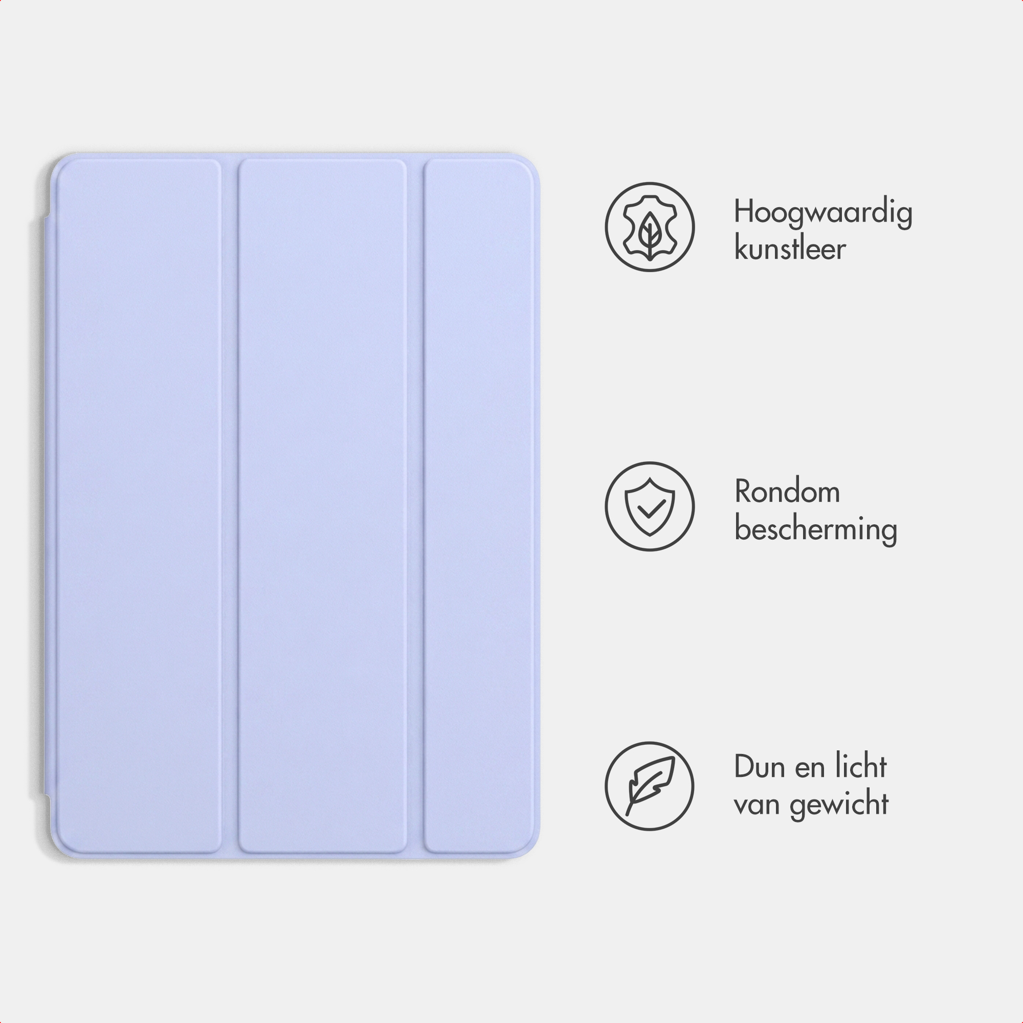 Une housse de tablette lilas à trois plis, avec des icônes pour cuir, protection et légèreté.