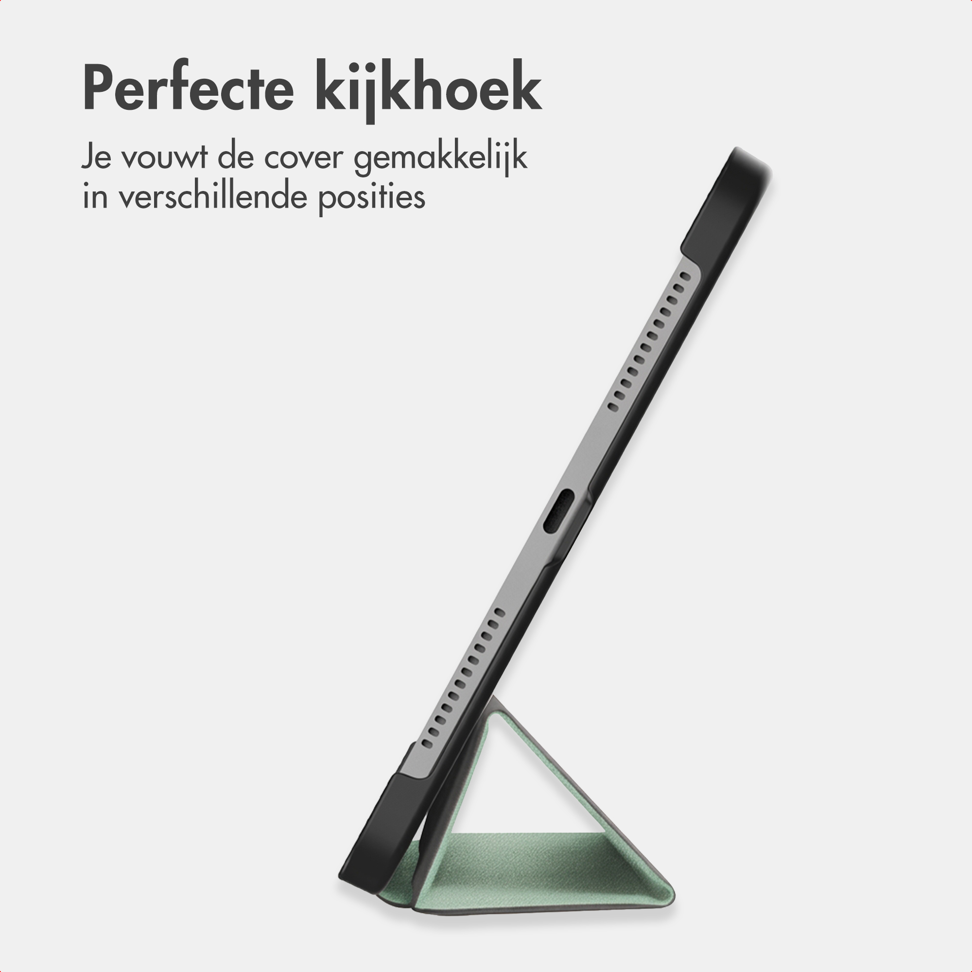 A tablet with a black border and green stand cover, standing upright.