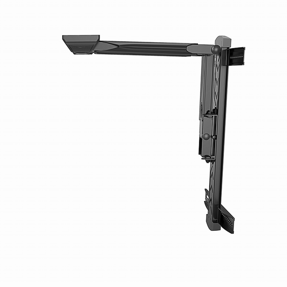 A black, extendable TV wall mount with an articulated arm extending to the left.