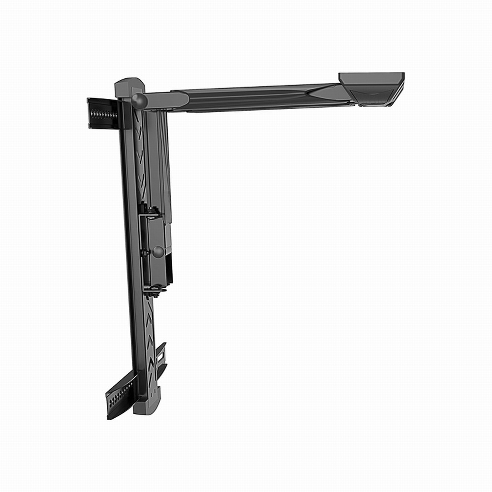 A black, adjustable monitor arm with a joint and bracket.