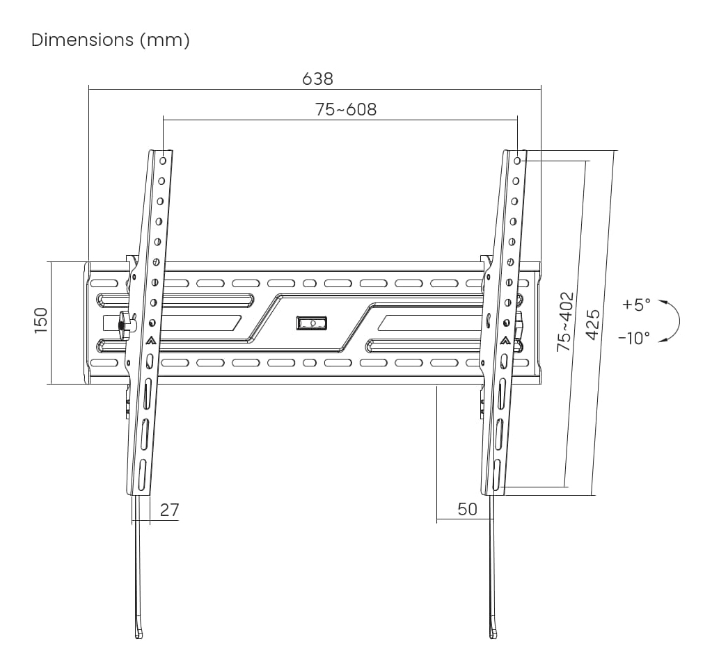 Disegno tecnico di un supporto da parete per TV con dimensioni e angoli di inclinazione.