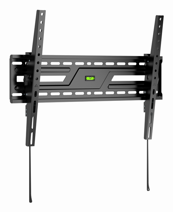 Supporto da parete TV nero con livella a bolla e cavi integrati.